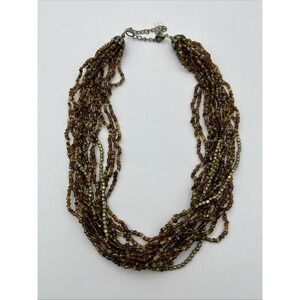 Boho Brown & Tan Multi Strand Glass Seed & Barrel Bead Statement Necklace 16"